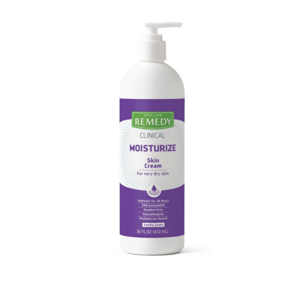 A 16 fl oz white pump bottle of Medline Remedy Clinical Skin Cream - Full Body Lotion features a purple and white label and delivers long-lasting hydration as a skin moisturizer for very dry skin.
